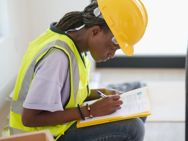 a person in a hard hat taking notes